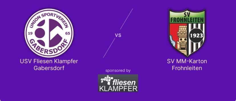 Ein lila Hintergrund mit zwei Fußballteam-Logos. Das Logo auf der linken Seite ist für USV Fliesen Klampfer Gabersdorf und das Logo auf der rechten Seite ist für SV MM-Karton Frohnleiten.