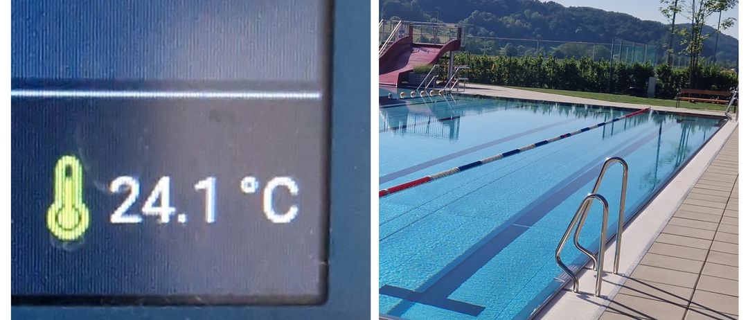 Das linke Bild zeigt ein digitales Thermometer mit 24,1°C. Das rechte Bild zeigt ein Freibad mit einer Rutsche, umgeben von Grünflächen und Bergen.