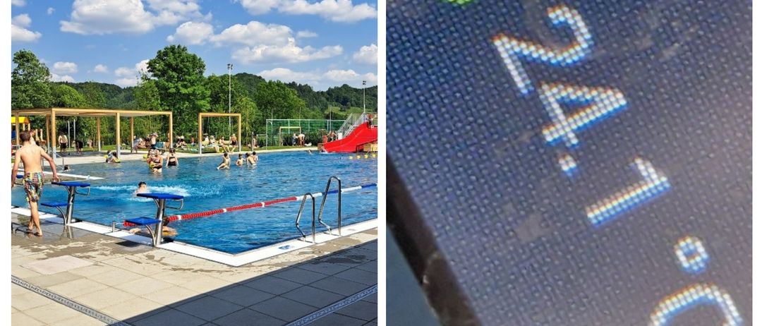 Ein Freibad mit Schwimmern, einer roten Rutsche und einem klaren Himmel. Eine Nahaufnahme eines Displays, das die Temperatur in Celsius anzeigt.