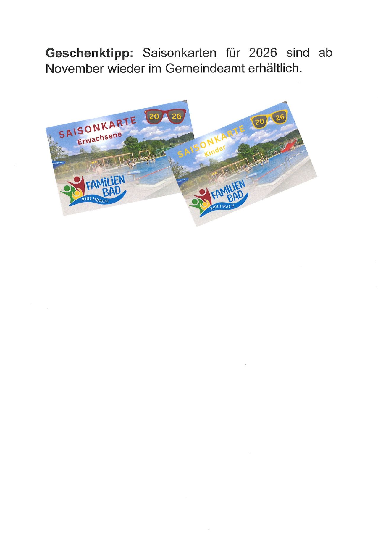 Zwei Saisonkarten für Erwachsene und Kinder sind zu sehen. Jede Karte zeigt ein Schwimmbad mit Menschen und einer Rutsche sowie den Text 'Familien Bad Kirchbach'.