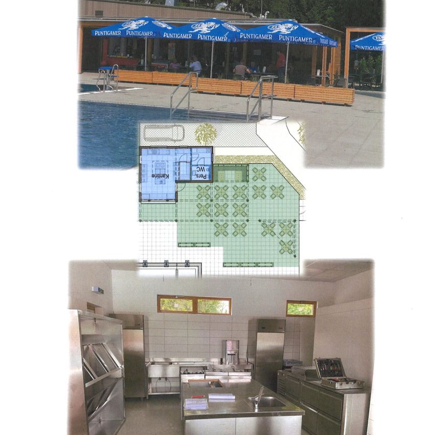 Eine Collage zeigt einen Pool, eine Poolterrasse mit Menschen, blaue Sonnenschirme und ein Restaurant. Darunter ein Grundriss eines Gebäudes. Darunter das Innere einer Küche mit Geräten und einer Theke.