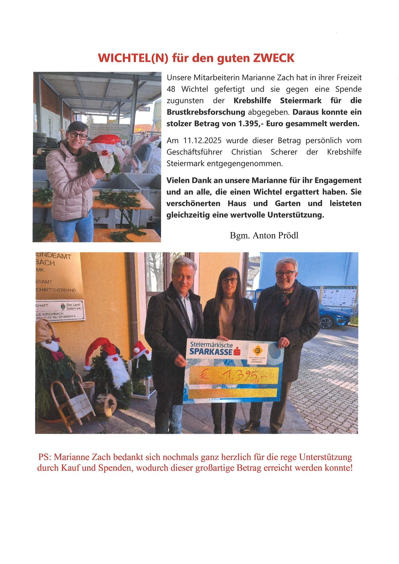Ein Foto zeigt eine Frau, die eine geschmückte Girlande hält. Ein weiteres Foto zeigt drei Personen, die einen großen Scheck halten. Die Bildunterschrift dankt Marianne für ihr Engagement und ihre Unterstützung.