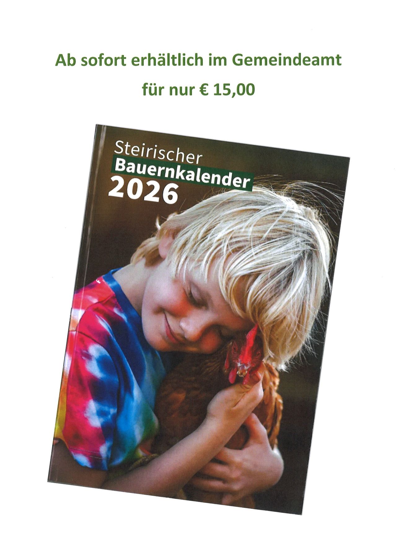 Deckblatt des steirischen Bauernkalenders 2026 mit einem lächelnden Kind, das ein Huhn umarmt. Der Preis beträgt 15,00 €.