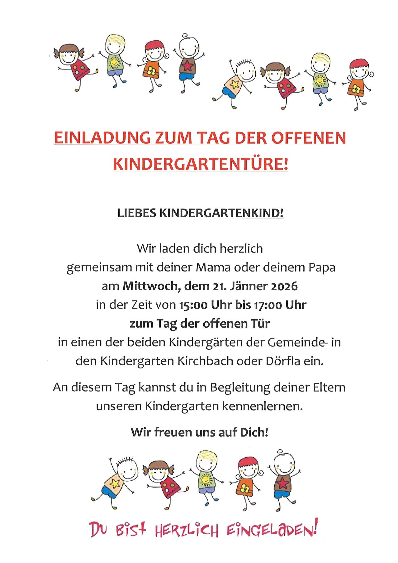 Einladung zum Tag der offenen Tür im Kindergarten. Wir laden Sie herzlich ein, einen unserer Kindergärten in der Gemeinde am Mittwoch, dem 21. Januar 2026, von 15:00 bis 17:00 Uhr zu besuchen.