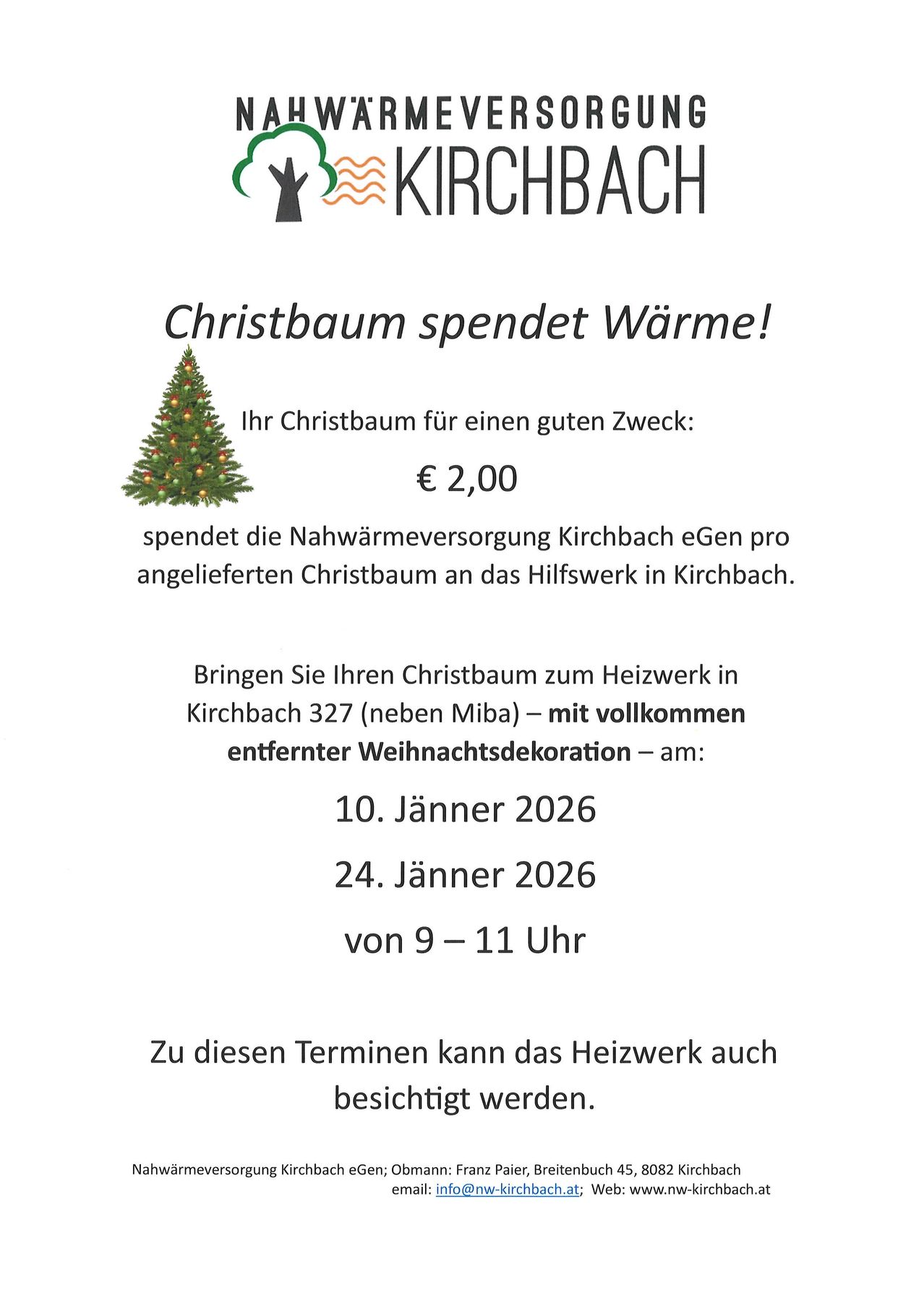 Plakat zur Spendenaktion von Weihnachtsbäumen für Wärme. Kirchbach eGen nimmt gespendete Bäume am Heizwerk in Kirchbach 327 (neben Miba) am 10. Januar 2026 von 9-11 Uhr und am 24. Januar 2026 entgegen.