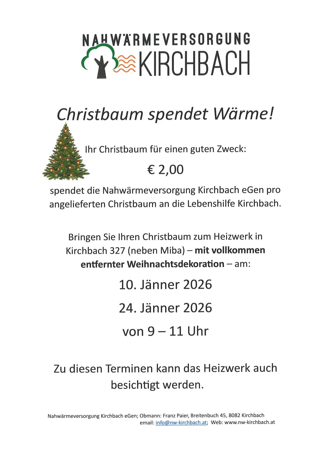 Plakat für die Spende von Weihnachtsbäumen. Das Heizwerk Kirchbach spendet 2 € pro Baum. Bringen Sie Ihren geschmückten Baum am 10. oder 24. Januar 2026 von 9 bis 11 Uhr zu Kirchbach 327 (neben Mliba).