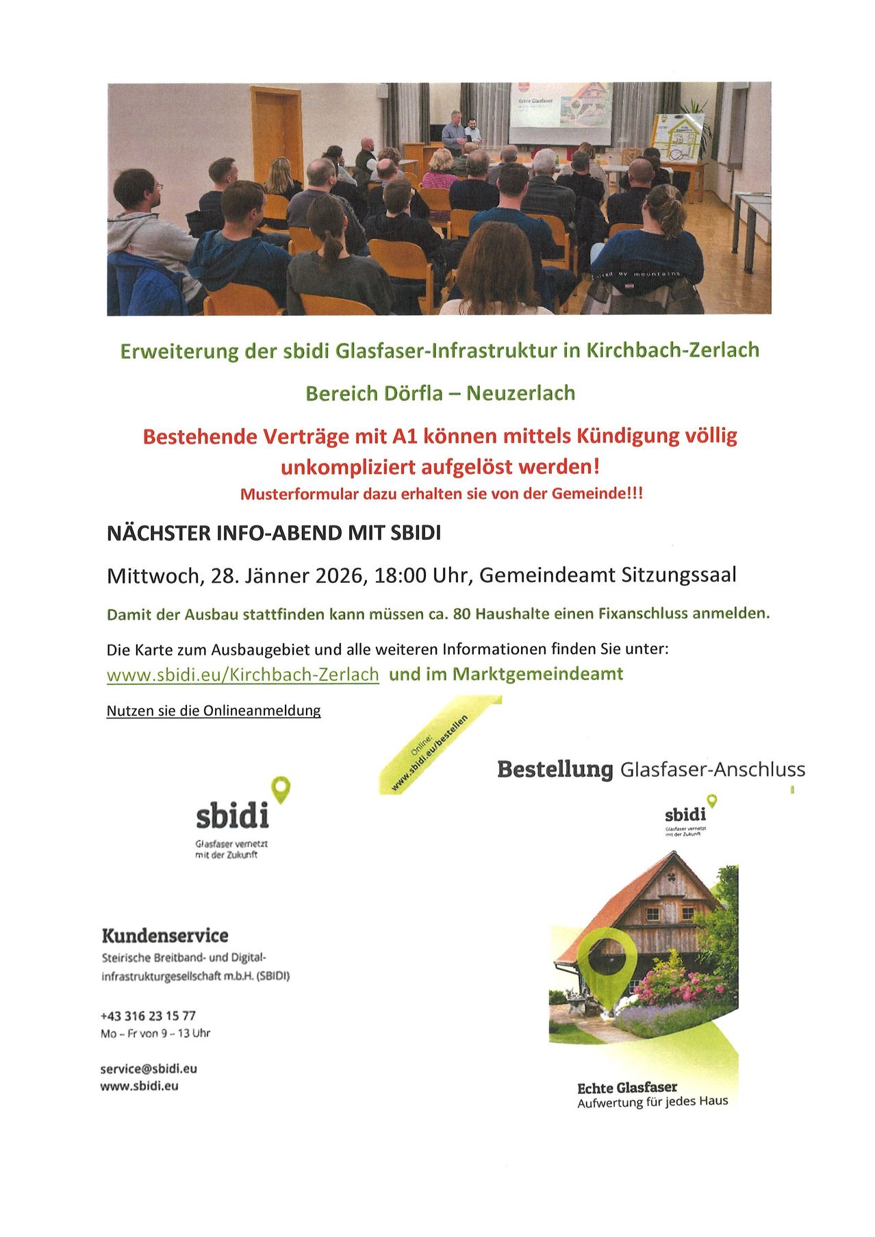 Plakat zur Erweiterung der sbidl Glasfaser-Infrastruktur in Kirchbach-Zerlach. Es enthält Informationen über einen bevorstehenden Infoabend und einen Link zur Online-Anmeldung.