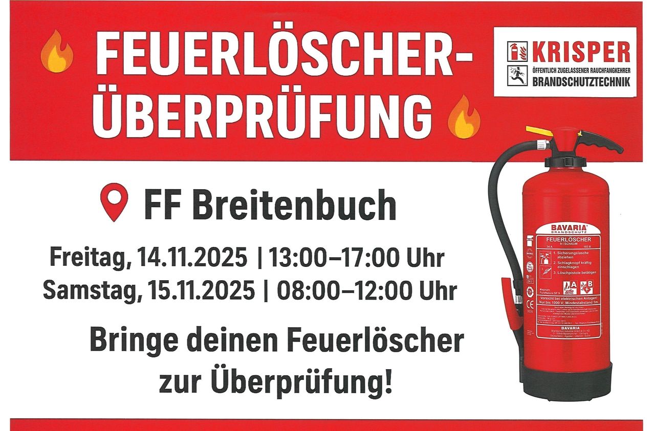 Plakat für die Feuerlöscher-Überprüfung bei FF Breitenbuch am 14. und 15. November 2025 von 13:00 bis 17:00 Uhr bzw. 08:00 bis 12:00 Uhr. Bringen Sie Ihre Feuerlöscher zur Überprüfung mit!