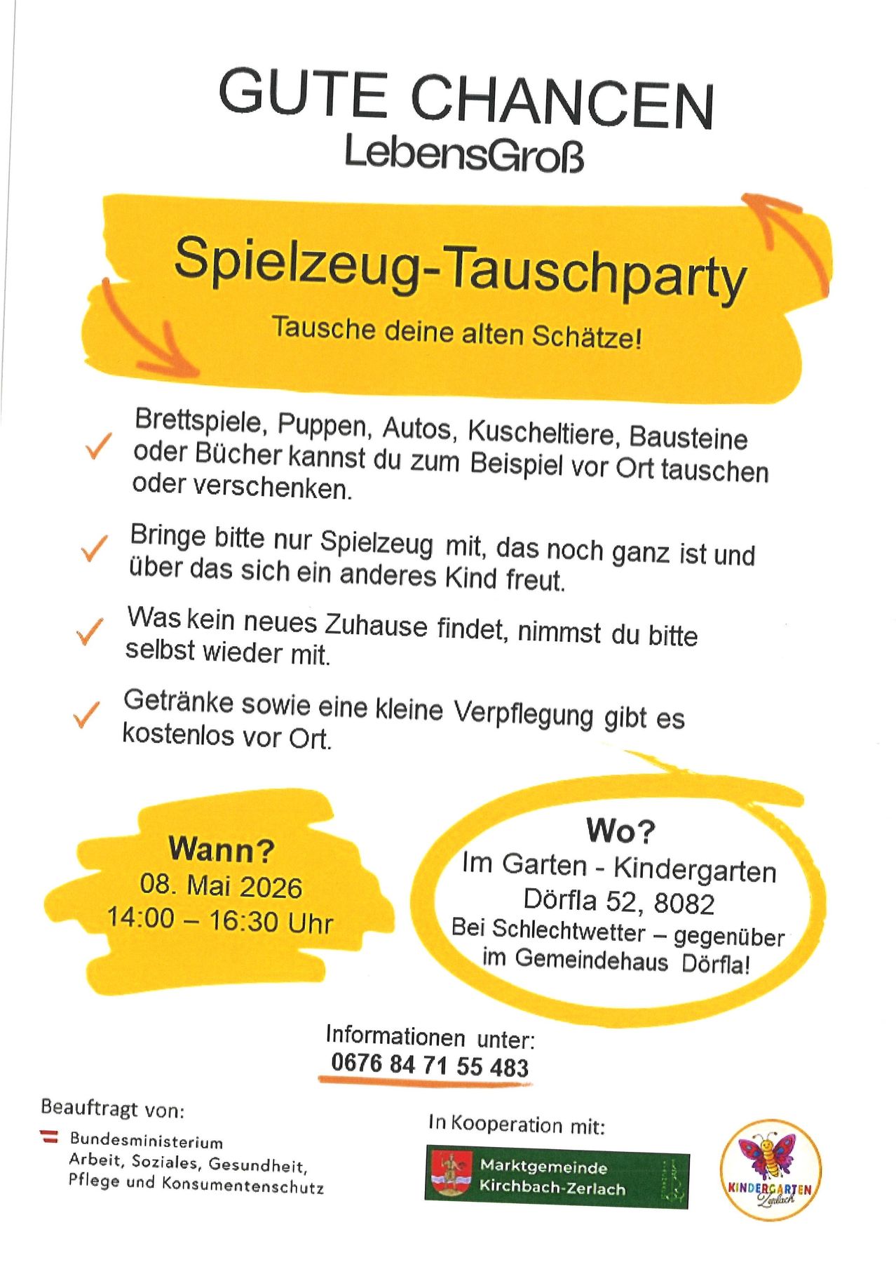 An invitation for a toy swap party on May 8, 2026, from 14:00 to 16:30 in the garden of Kindergarten Dorfla 52, 8082, Dorfla. Participants are asked to bring toys in good condition and take something new home. Refreshments are provided.