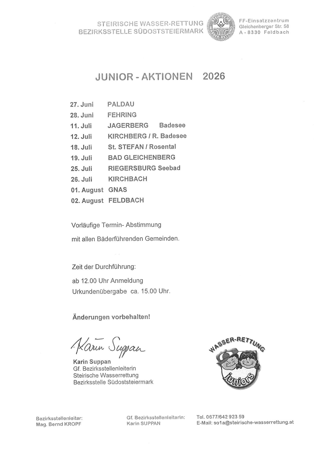 Junior-Aktionen 2026. Liste der Termine und Orte für die kommende Saison. Anmelde- und Tickettauschzeiten sind ebenfalls angegeben. Karin Suppan wird als Bezirkswasserwirtschaftsvertreterin erwähnt.