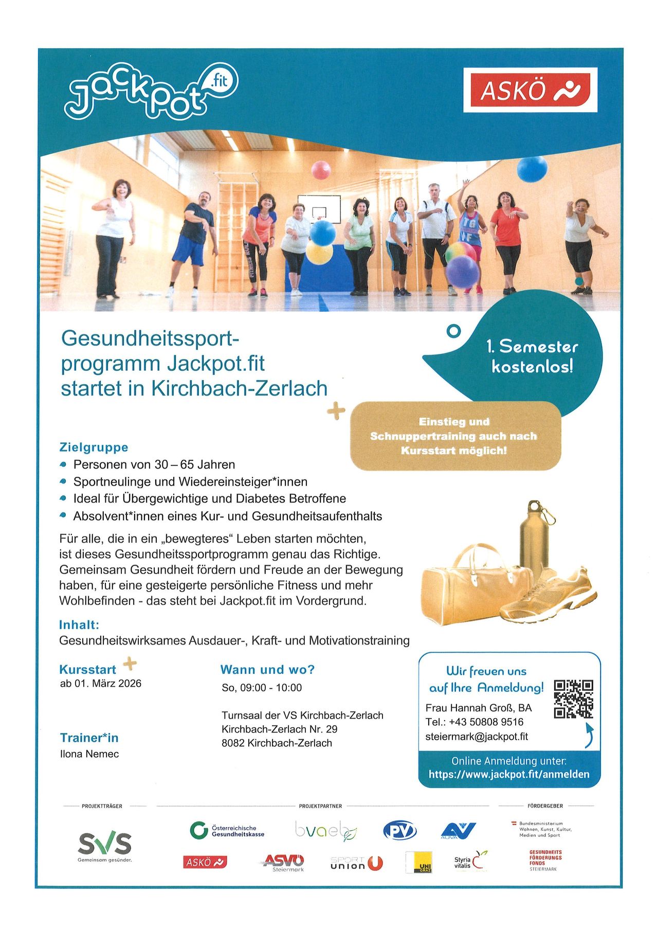 Flyer für ein kostenloses Gesundheitssportprogramm namens Jackpot.fit, das in Kirchbach-Zerlach startet. Das Programm bietet Fitness für Personen im Alter von 30-65 Jahren, ideal für Übergewichtige und Diabetiker. Anmeldung und Schnuppertraining auch nach Kursbeginn möglich. Beinhaltet gesundheitswirksames Ausdauer-, Kraft- und Motivationstraining. Beginn am 01. März 2026 von 9:00 bis 10:00 Uhr.
