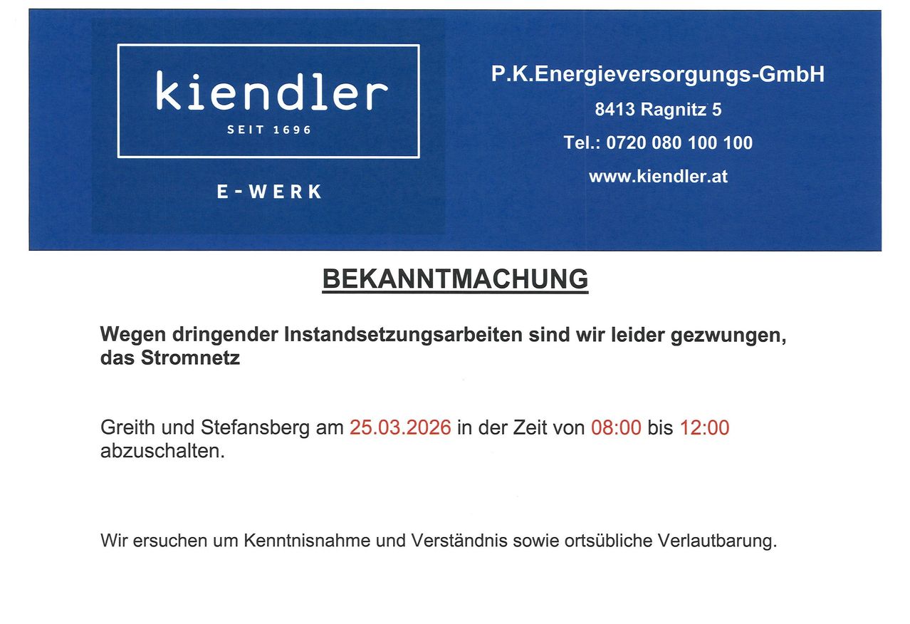 Eine Bekanntmachung von P.K. Energieversorgungs-Kiendlern über Wartungsarbeiten am Stromnetz am 25.03.2026 von 08:00 bis 12:00, mit Bitte um Verständnis und lokale Benachrichtigungen.