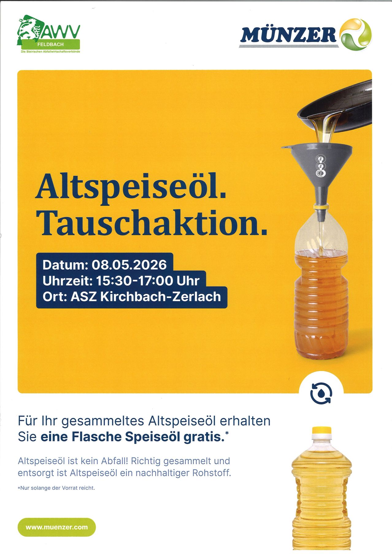 Plakat für Ölaustausch-Event. Datum: 08.05.2026, Uhrzeit: 15:30-17:00, Ort: ASZ Kirchbach-Zerlach. Sammeln Sie gebrauchtes Speiseöl für eine kostenlose Flasche.