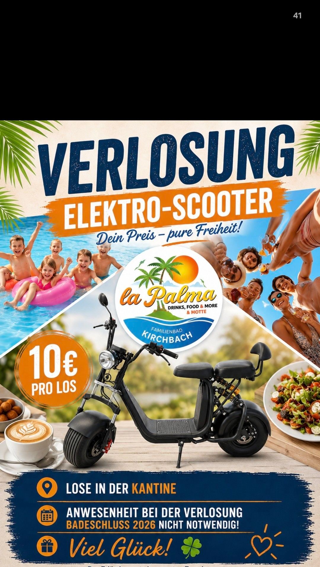 Eine Werbung für ein familienfreundliches Resort mit einem Elektroroller, einem Pool mit Kindern und einem Teller Essen. Der Text lautet 'Verlosung Elektro-Scooter' und 'Dein Preis - pure Freiheit!' mit einem Preis von 10€.