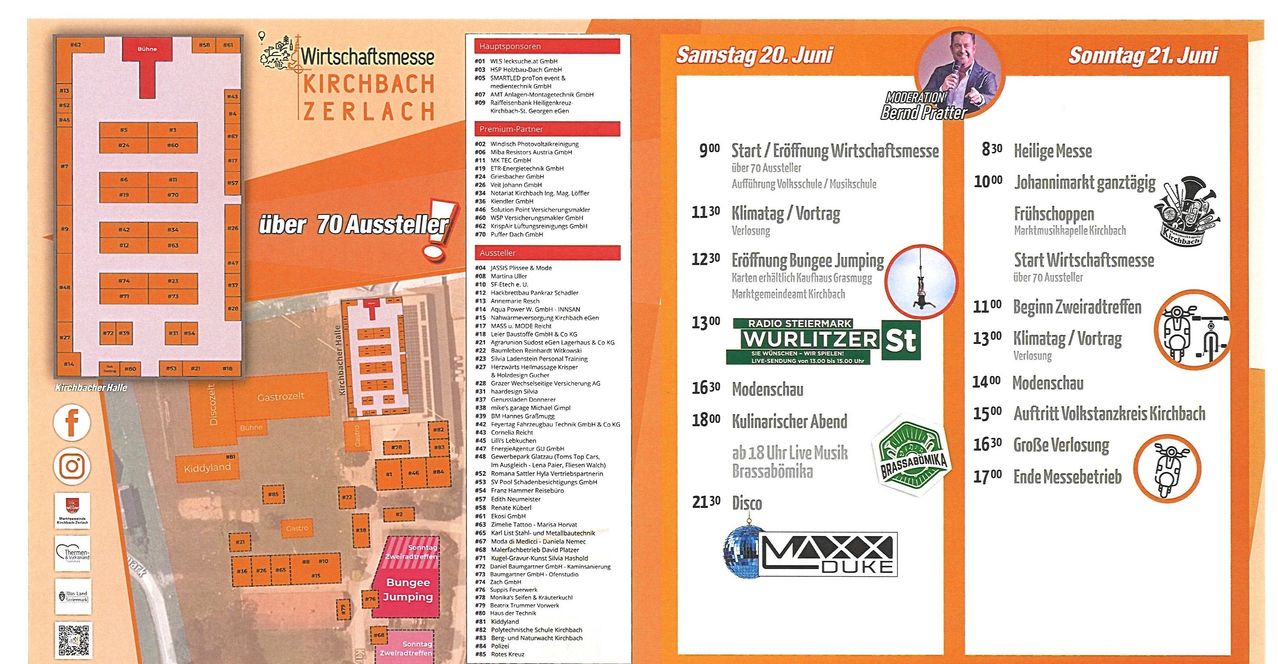 Veranstaltungsplakat für die Wirtschaftsmesse Kirchbach mit Zeitplan, Ausstellern und Karte. Es enthält Zeitangaben für Aktivitäten, Workshops und Unterhaltung. Deutscher Text ist vorhanden.