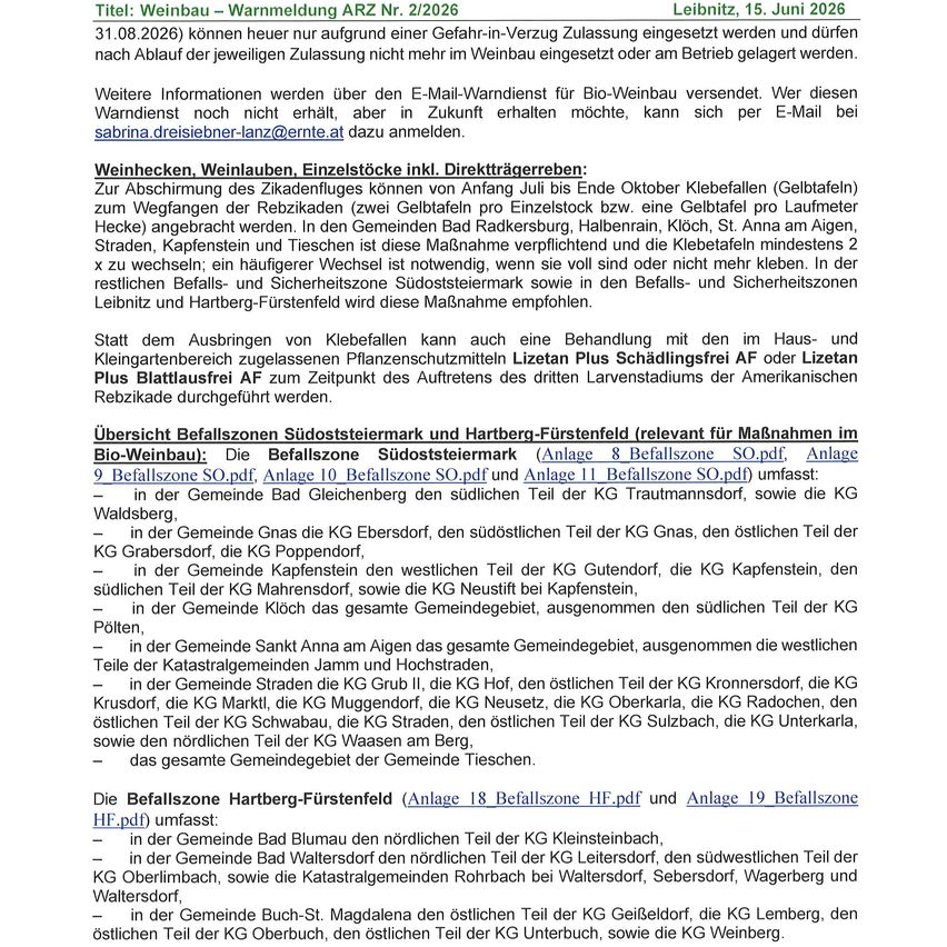 Titel: Weinbau - Warnmeldung ARR Nr. 2/2026. Ab dem 15. Juni 2026 können ab dem 31.08.2026 nur noch aufgrund einer Gefahren-Zulassungsgenehmigung eingesetz werden und dürfen nach Ablauf der jeweiligen Zulassung nicht mehr im Weinbau oder am Betriebsstandort gelagert werden.