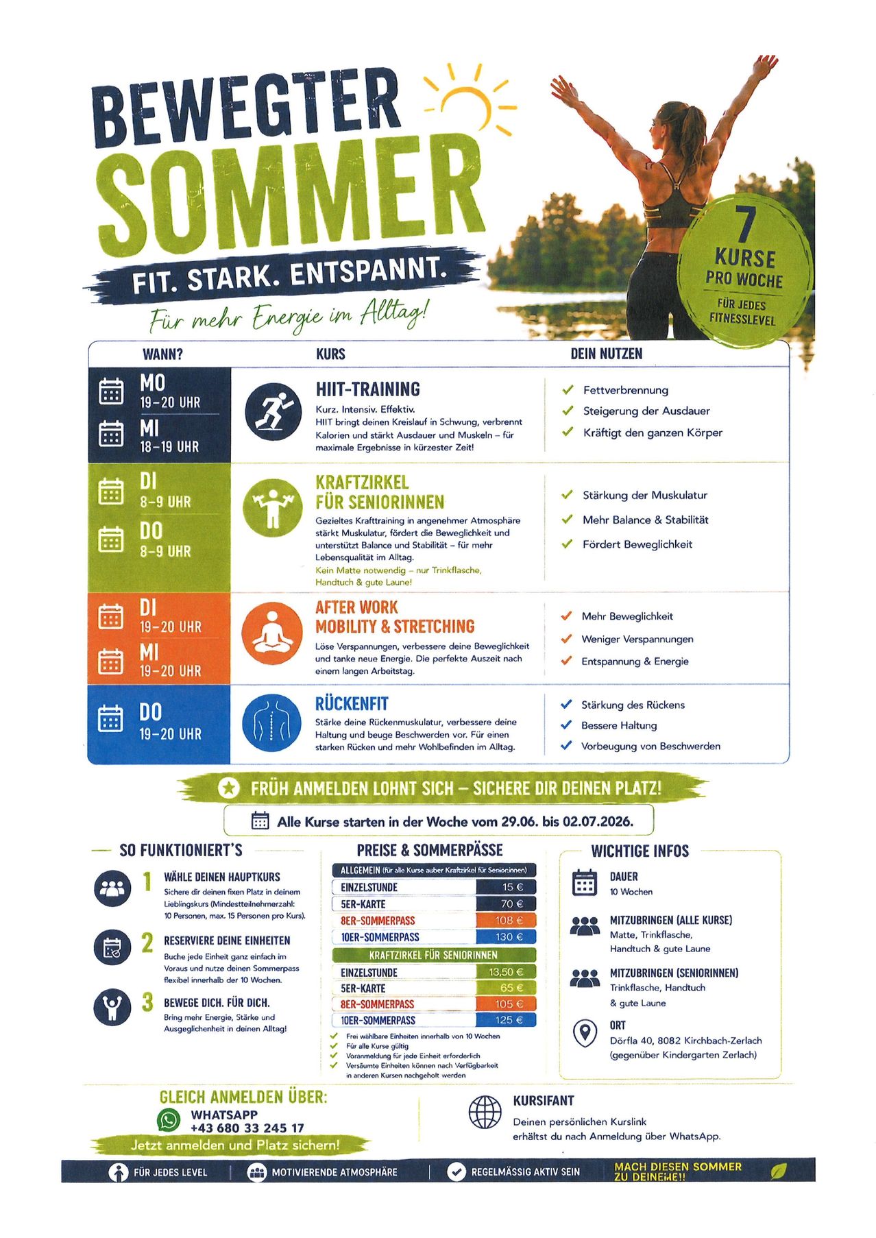 Das Infografik bewirbt ein Sommer-Fitnessprogramm mit verschiedenen Übungsoptionen, darunter HIIT-Training, Krafttraining für Senioren, Mobilität und Dehnung nach der Arbeit und Rückenpflege. Vorteile umfassen verbesserte Ausdauer, Kraft, Gleichgewicht, Flexibilität und reduzierte Rückenschmerzen. Die Anmeldung beginnt am 29. Mai 2026.