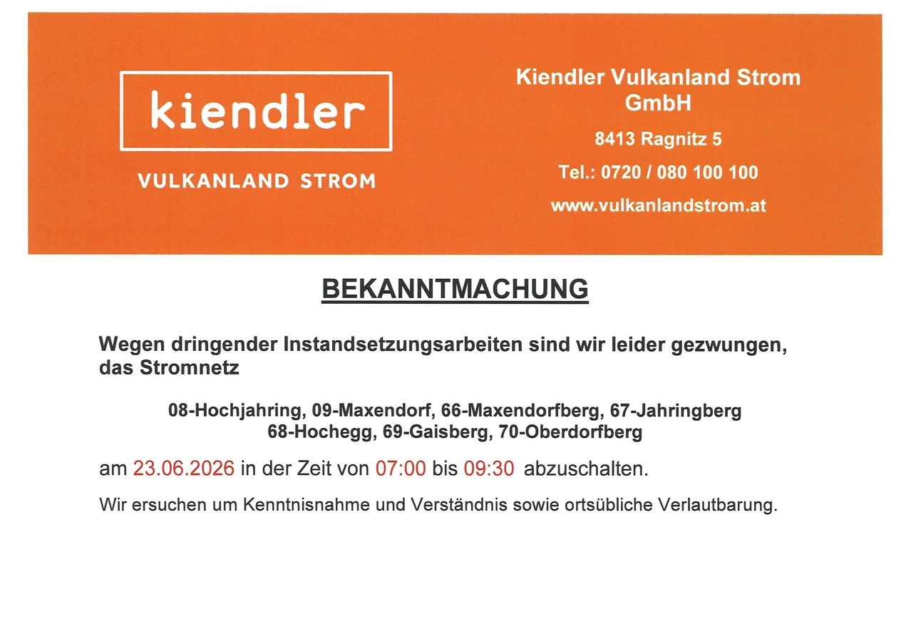 Visitenkarte für Kiendlr Vulkanland Strom GmbH. Kontaktdaten umfassen Adresse, Telefonnummer und Webseite. Bekanntmachung über Wartungsarbeiten am 23.06.2026, die bestimmte Gebiete bis 09:30 Uhr betreffen.