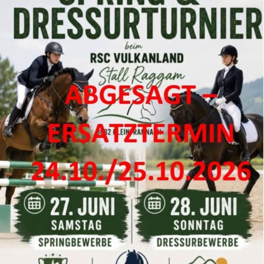 Plakat für Spring- und Dressurwettbewerb. Reiter auf Pferden über einem Sprung. Daten 24.10./25.10.2026 und 27./28.06.2026.