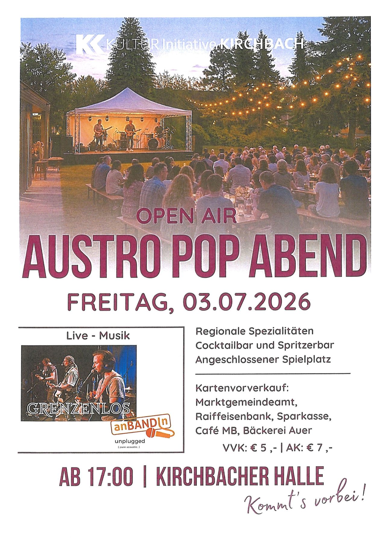 Plakat für Austro Pop Abend am 3. Juli 2026 mit Live-Musik, regionalen Spezialitäten und Barbereich. Eintrittskarten sind an verschiedenen Orten erhältlich.