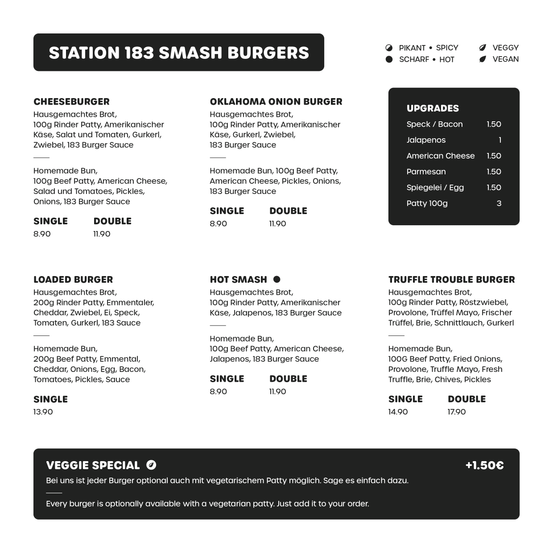 Das Menü von Station 183 Smash Burgers umfasst Cheeseburger, Oklahoma Onion Burger, Loaded Burger und Hot Smash Burger. Upgrades beinhalten Speck, Jalapenos, Käse und mehr. Vegetarisches Patty ist optional.