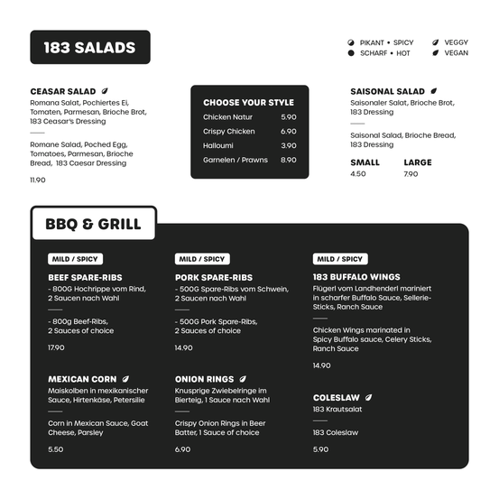 Menü mit Caesar-Salat, Saisonsalat, BBQ & Grill-Optionen. Caesar-Salat hat römischen Salat, Tomaten, Parmesan und 183 Dressing. Saisonsalat enthält römischen Salat, Brioche und 183 Dressing. BBQ & Grill bietet Rindfleisch, Schweine-Spare-Ribs, mexikanischen Mais, Zwiebelringe und Krautsalat an.