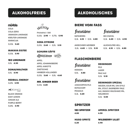 Das Bild zeigt ein Menü mit alkoholfreien und alkoholischen Getränken. Zu den alkoholfreien Optionen gehören mu4tla cola, cola-zero, orangen-limonade, krauter-limonade und makawa eistee. Zu den alkoholischen Optionen gehören bier vom fass, soda zitrone und verschiedene Biere, Cider und Spirituosen.