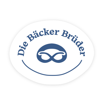 Ein weißes kreisförmiges Logo mit blauem Text heißt 'Die Bäcker Brüder'. Es zeigt ein stilisiertes blaues Unendlichkeitssymbol mit zwei Wellen und einem lächelnden Gesicht darum.