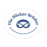 A white circular logo with blue text reads 'Die Bäcker Brüder'. It features a stylized blue infinity symbol with two waves and a smiley face around it.