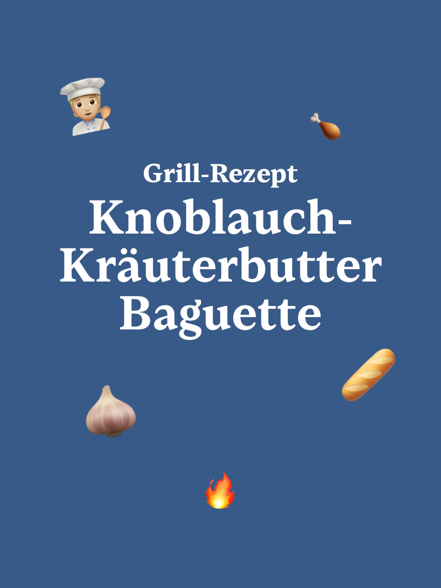 Ein blauer Hintergrund mit einem Koch-Icon, Knoblauch, Baguette und Feuer. Der Text lautet Grill-Rezept Knoblauch-Krauterbutter Baguette.