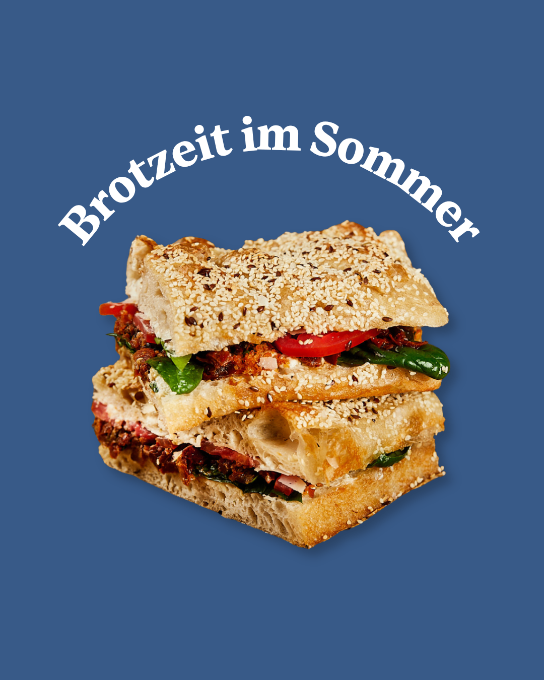 A sandwich with sesame seeds on a blue background, topped with tomatoes, green peppers, and other ingredients. The words 'Brotzeit im Sommer' are written above it.