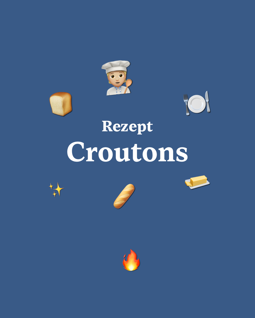 Ein blauer Hintergrund mit einem Koch-Symbol, Brot, Butter, einem Feuer und Besteck. Der Text lautet 'Rezept Croutons'.
