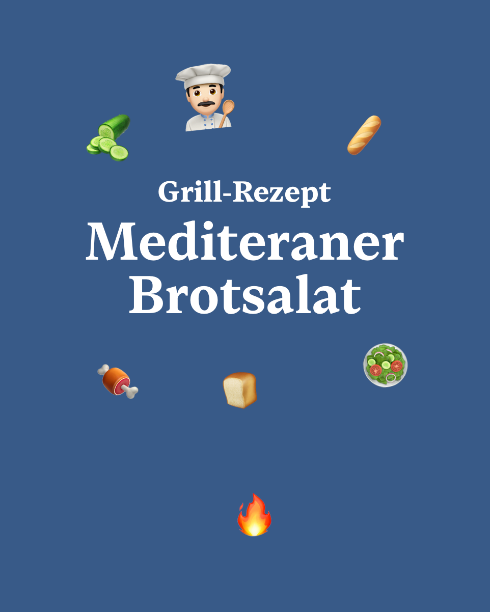 A blue poster with a Mediterranean salad recipe, featuring a chef, bread, cucumber, meat, cheese, and a fire icon.