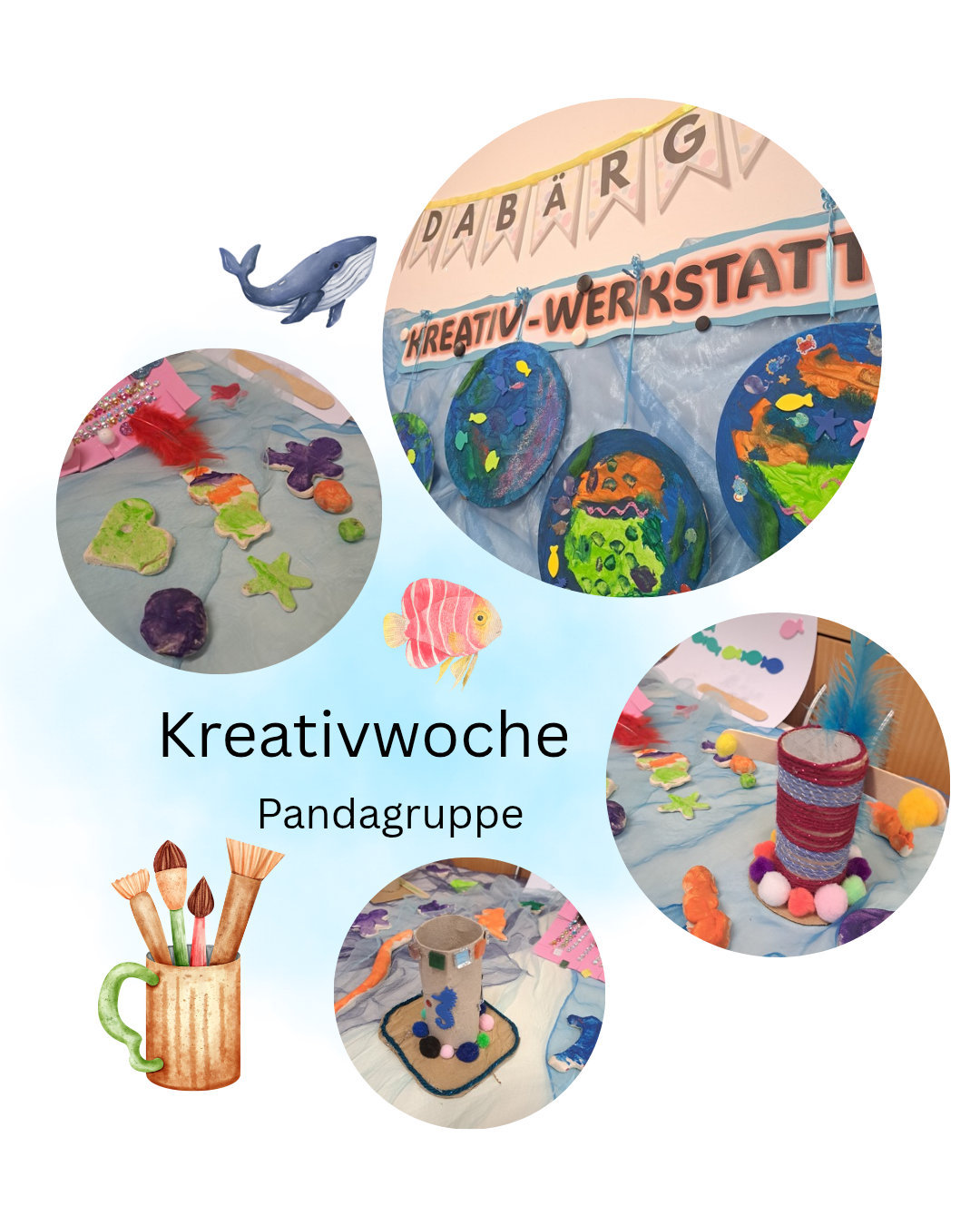 Eine Collage mit verschiedenen Unterwasser-Basteleien, einem Wal und Malutensilien. Es zeigt ein Banner mit 'Kreativ-Werkstatt' und einer Panda-Gruppe. Das Bild hebt verschiedene Meerestier-Kunstwerke hervor.