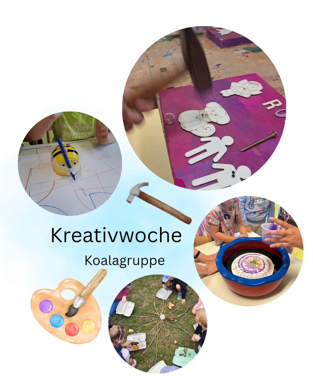 Eine Collage aus sechs Bildern zeigt Kinder bei kreativen Aktivitäten. Verschiedene Werkzeuge und Basteleien sind zu sehen. Ein Bild zeigt einen Hammer. Ein anderes Bild zeigt eine Farbpalette.