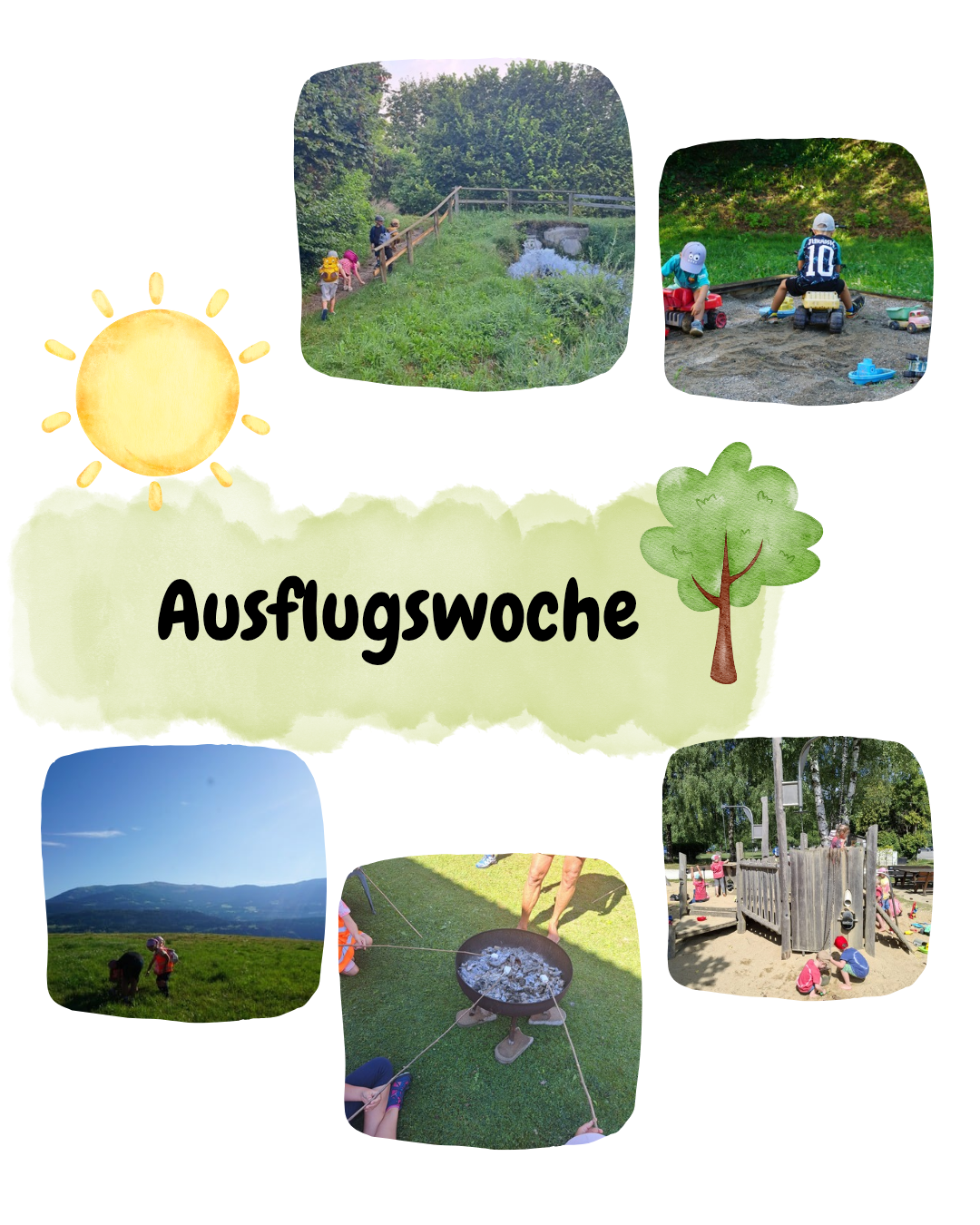 Eine Collage von Fotos, die Kinder im Freien zeigt. Ein sonniger Tag, Kinder spielen im Gras, fahren mit Spielzeugfahrzeugen und machen ein Barbecue. Die Collage enthält den Text 'Ausflugswoche' in Deutsch.