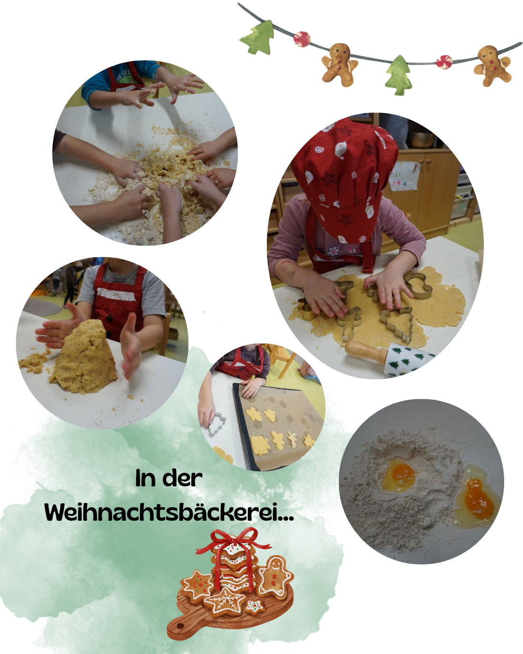 Bilder zeigen Kinder, die Weihnachtskekse backen, mit Mehl, Eiern und Lebkuchenformen. Die Szene erfasst den festlichen Weihnachtsgeist.
