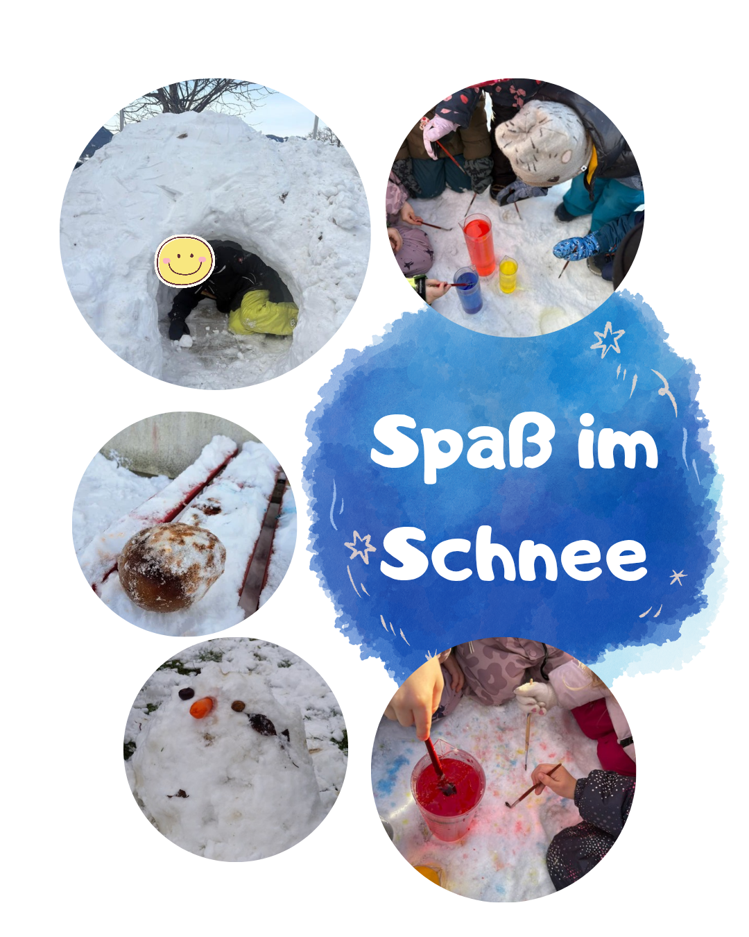 Eine Collage von Winterszenen mit Kindern, die im Schnee spielen, malen und einen Schneemann bauen. Der zentrale Text lautet 'SpaB im Schnee' in Blau.