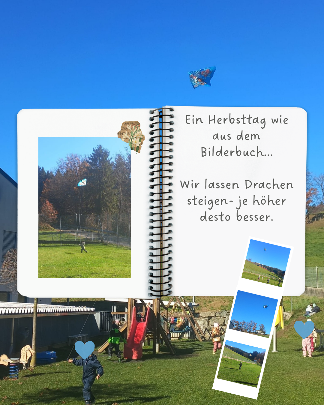 An open notebook with a picture of a field, children flying kites, and the text: A day in autumn like out of a picture book... We let kites fly, the higher the better.