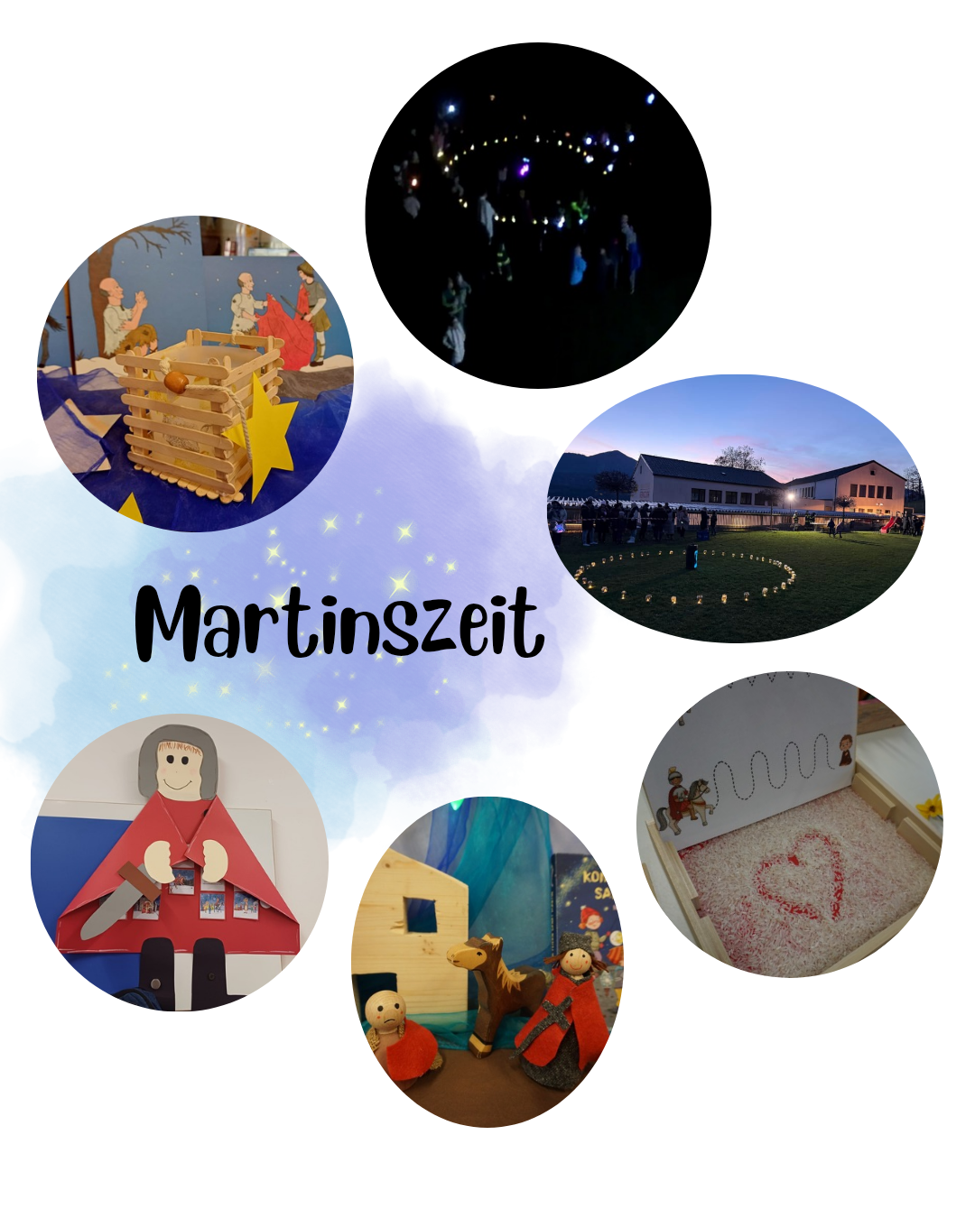 A collage of images showing a star-themed nativity scene, a lantern display, a building at dusk, a heart made of sand, a knight, and a wooden structure.