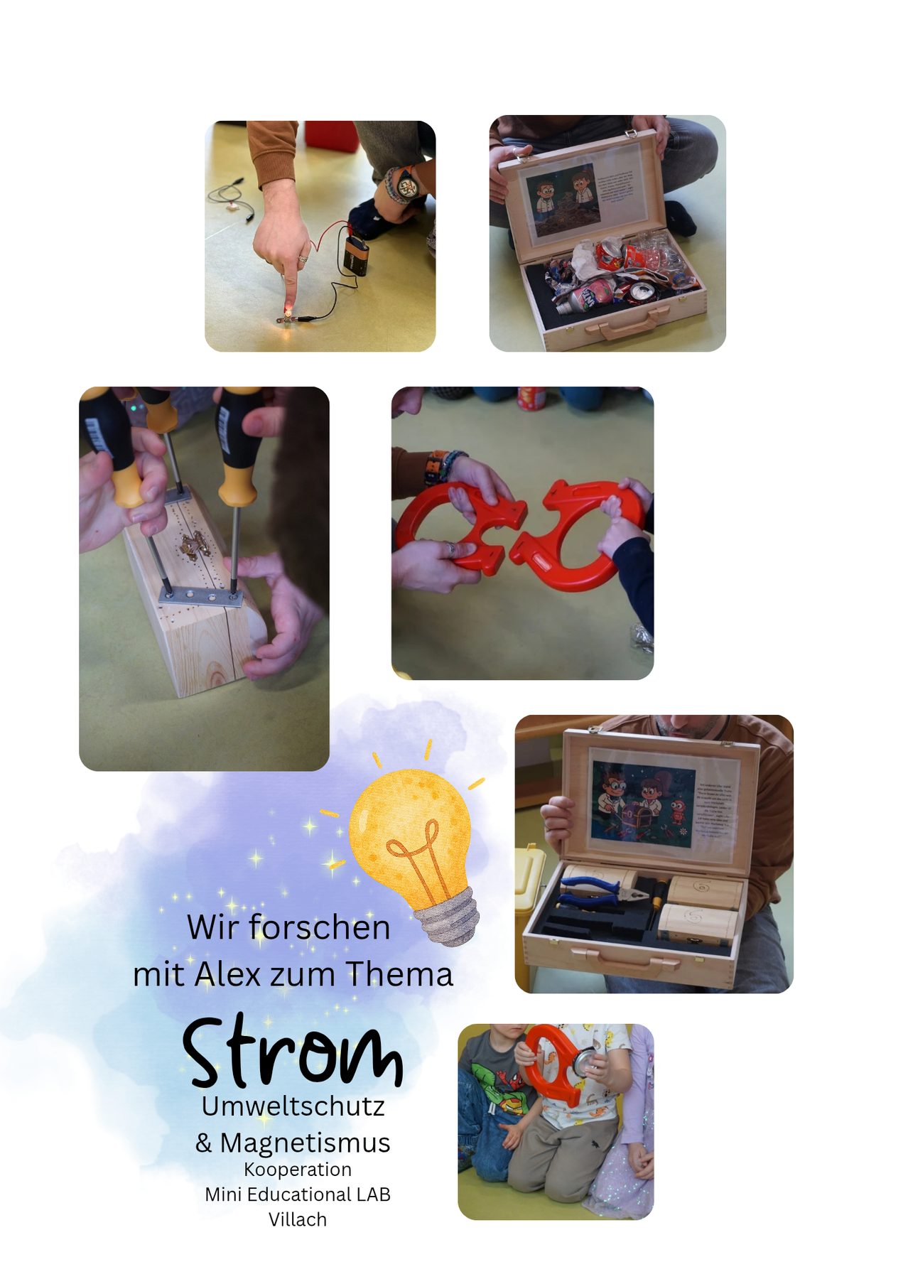 Images show hands soldering, assembling a wooden box, and holding a red puzzle piece. A wooden box with tools and a light bulb illustration are also present.