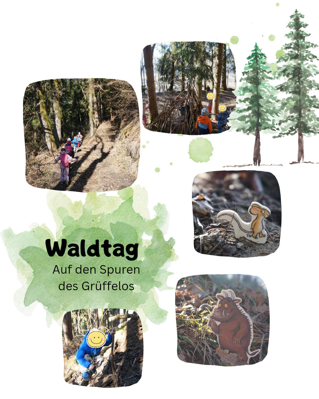 A collage of photos shows a forest, children on a hiking trail, and a Gruffalo figure. The text reads 'Forest Day: On the trail of the Gruffalo.' There are also images of pine trees, a Gruffalo sticker, and a child in a forest.