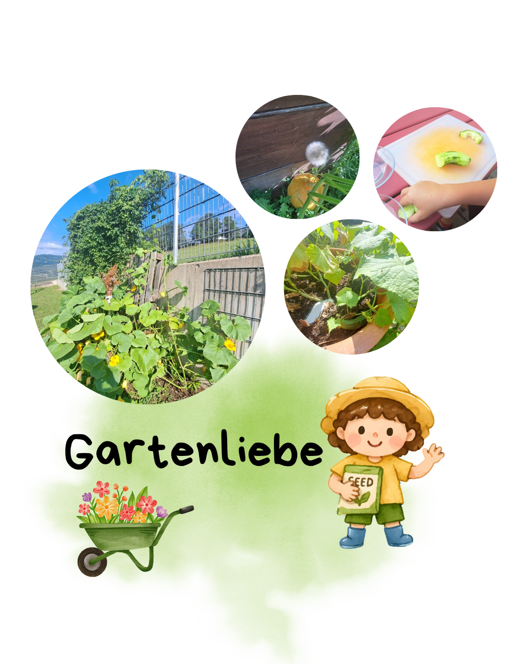 Illustration of a garden scene with various activities like planting, cutting cucumbers, and a child holding a seed packet. The word 'Gartenliebe' is displayed prominently.