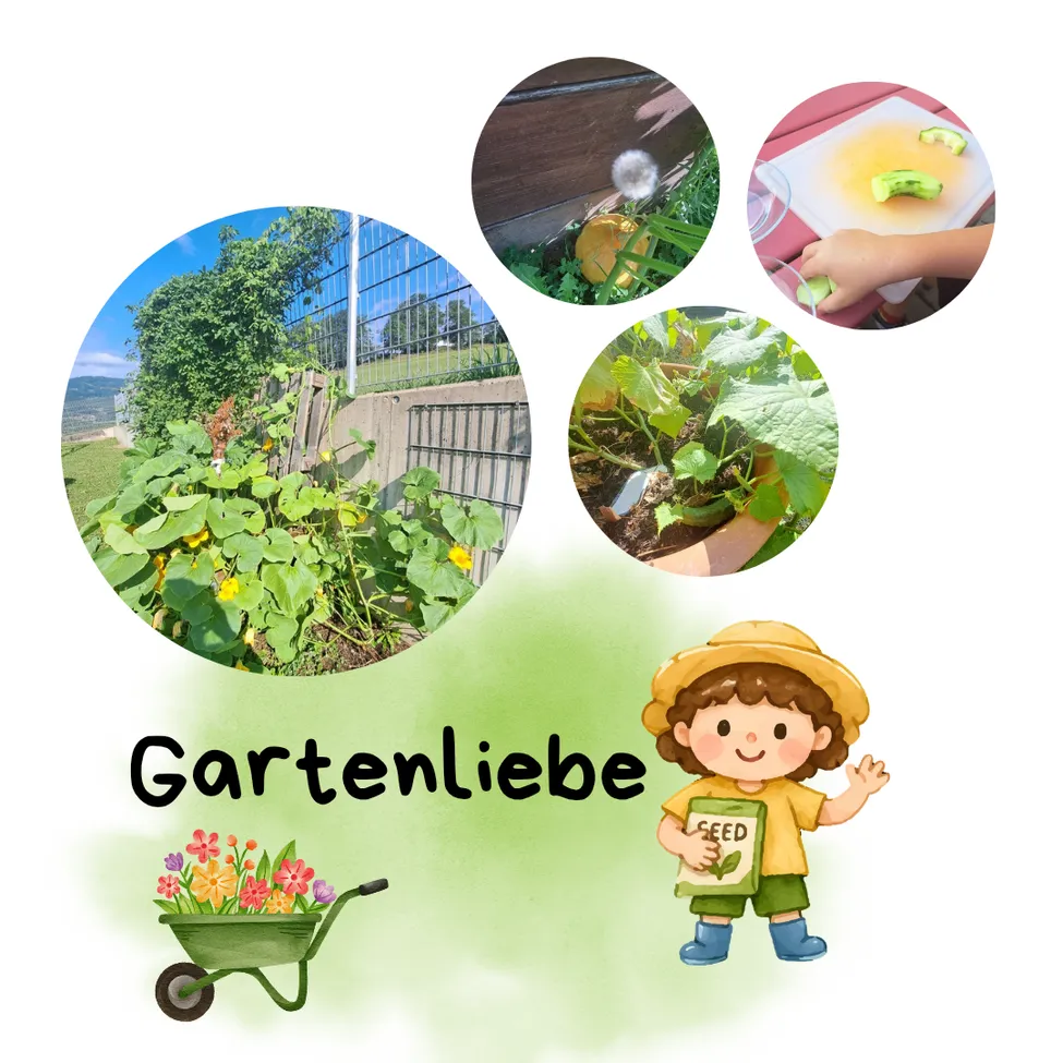 Illustration einer Gartenszene mit verschiedenen Aktivitäten wie Pflanzen, Gurken schneiden und einem Kind, das ein Samenpaket hält. Das Wort 'Gartenliebe' ist prominent angezeigt.