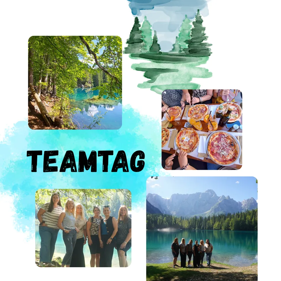 Eine Collage von Bildern, die eine Gruppe von Frauen bei einem Tagesausflug zeigt. Die Bilder zeigen einen See, Berge und ein Pizzaessen. Das Wort 'TEAMTAG' ist prominent angezeigt.