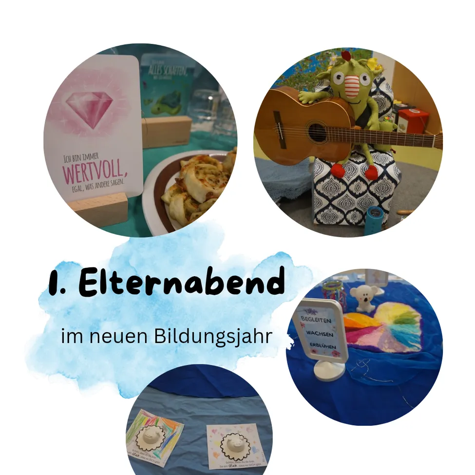Eine Collage aus vier Bildern: ein Buch mit dem Titel 'Ich bin immer wertvoll', ein Plüschtier, das eine Gitarre spielt, ein Teller mit Essen und ein Bastelprojekt. Der Textüberlagerung lautet '1. Elternabend im neuen Bildungsjahr'.