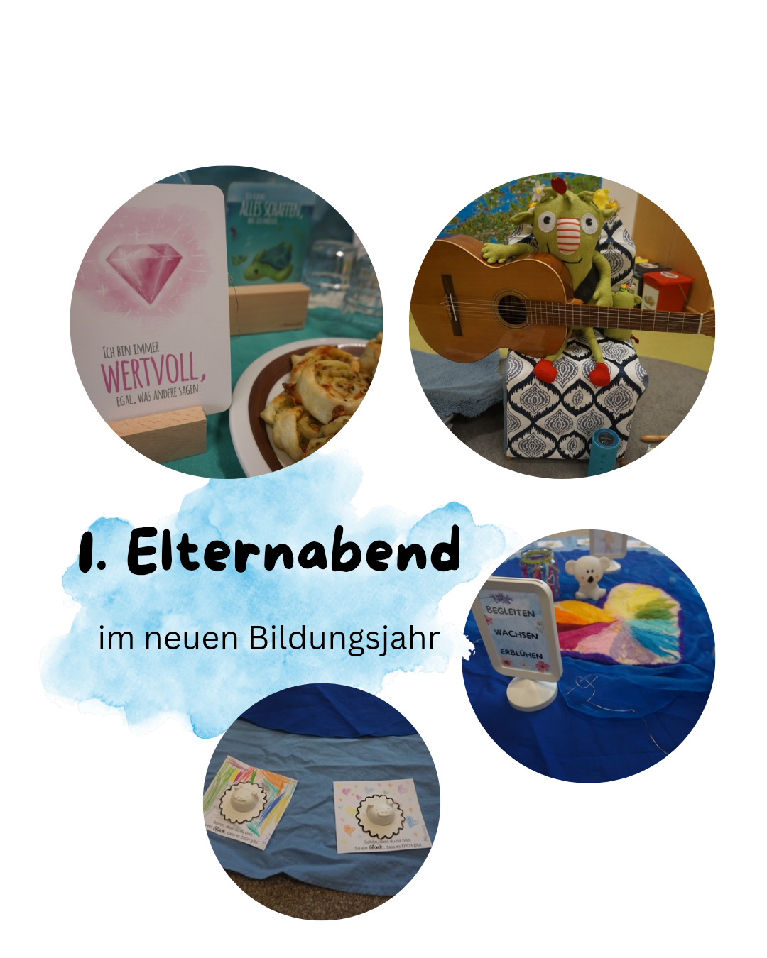 A collage of four images: a book titled 'Ich bin immer wertvoll', a stuffed toy playing guitar, a plate of food, and a craft project. The text overlay reads '1. Elternabend im neuen Bildungsjahr'.