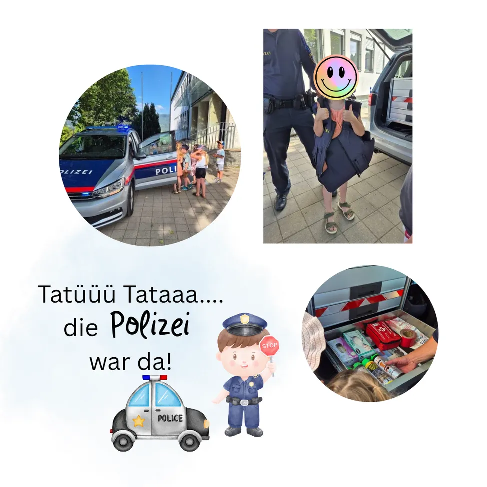 Ein Polizist mit einem lächelnden Gesicht und eine Gruppe von Kindern, die um einen Polizeiwagen stehen. Ein anderes Foto zeigt einen Polizisten mit einem Kind und einem geöffneten Kofferraum eines Autos mit einer Aufbewahrungsbox darin.