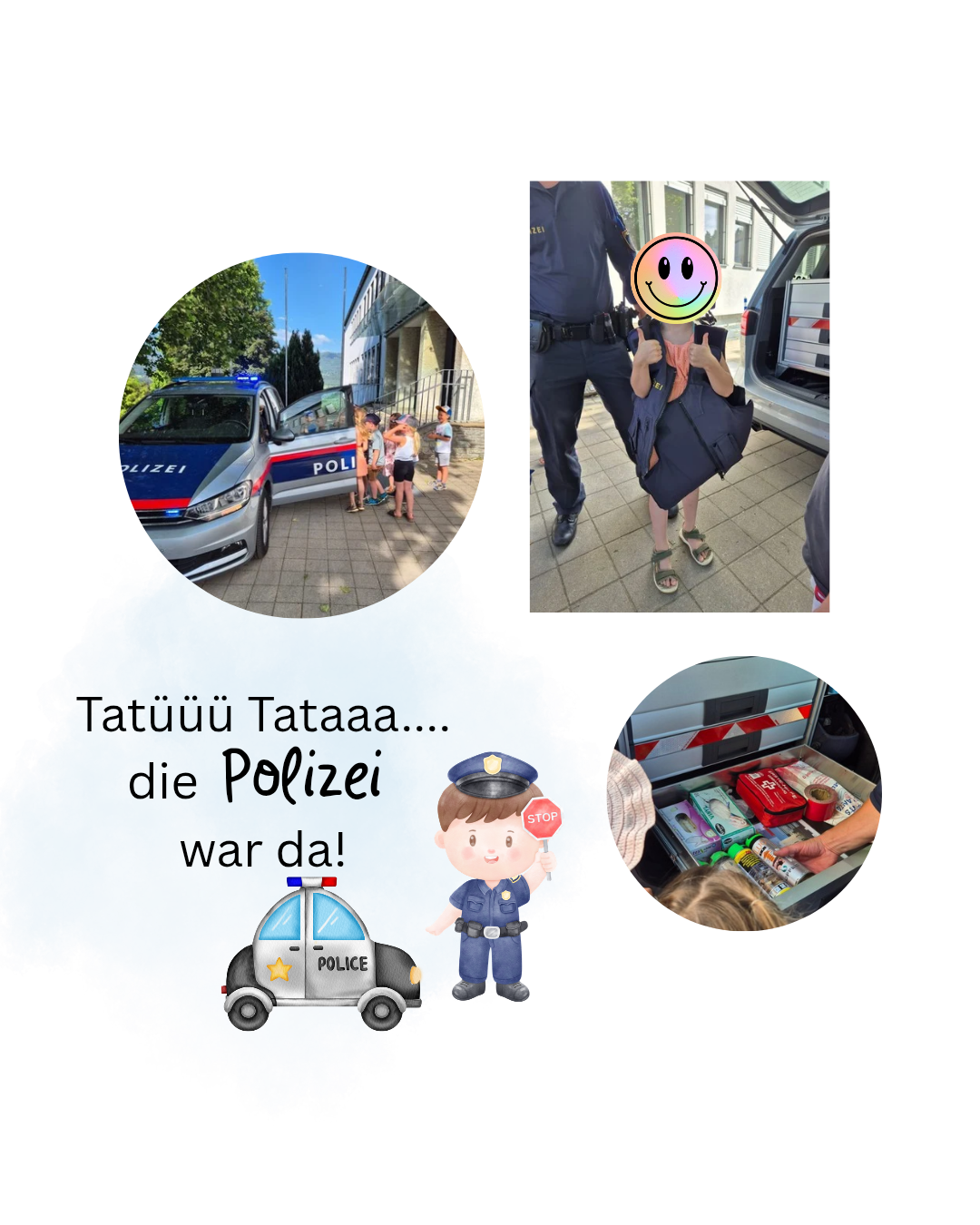 Ein Polizist mit einem lächelnden Gesicht und eine Gruppe von Kindern, die um einen Polizeiwagen stehen. Ein anderes Foto zeigt einen Polizisten mit einem Kind und einem geöffneten Kofferraum eines Autos mit einer Aufbewahrungsbox darin.