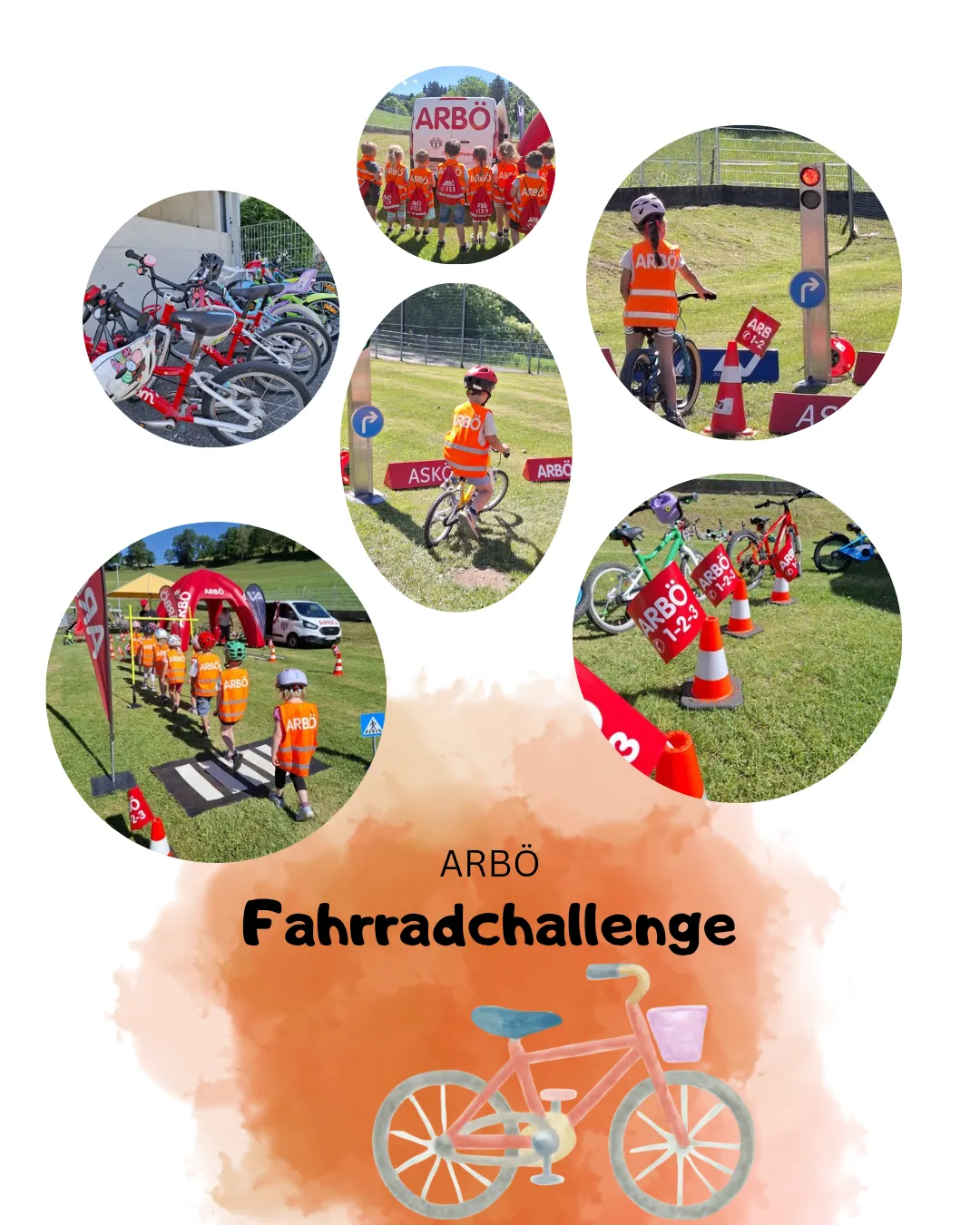 Bilder von Kindern in orange Westen, die Fahrräder fahren, Verkehrszeichen, Kegel und ein rotes Schild mit der Aufschrift ARBO. Fahrräder sind aufgereiht und Kinder überqueren eine Fußgängerzone.